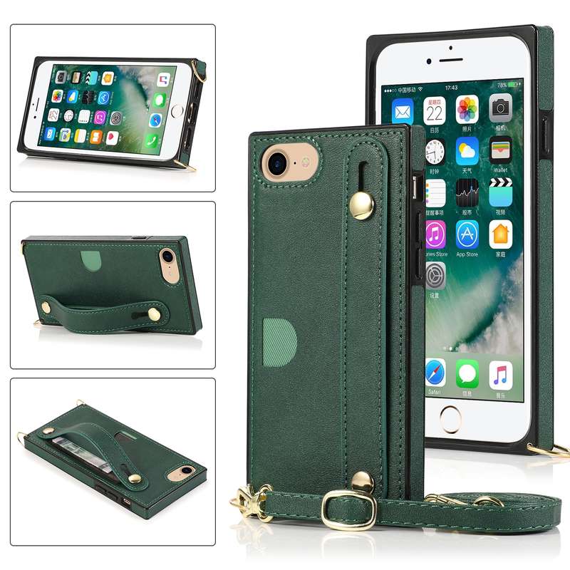 For iPhone 7 / 8 / SE 2020 Wrist Strap PU+TPU Shockproof Protective Case with Crossbody Lanyard & Ho