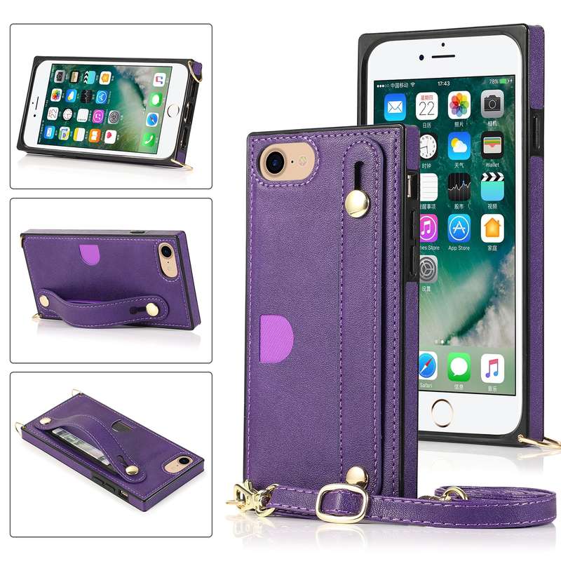 For iPhone 7 / 8 / SE 2020 Wrist Strap PU+TPU Shockproof Protective Case with Crossbody Lanyard & Ho