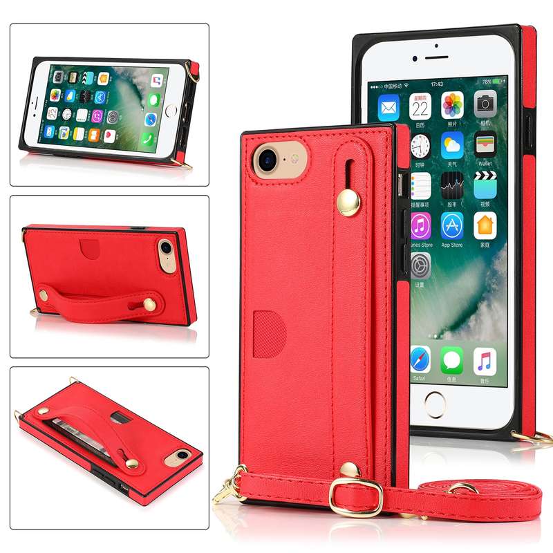 For iPhone 7 / 8 / SE 2020 Wrist Strap PU+TPU Shockproof Protective Case with Crossbody Lanyard & Ho
