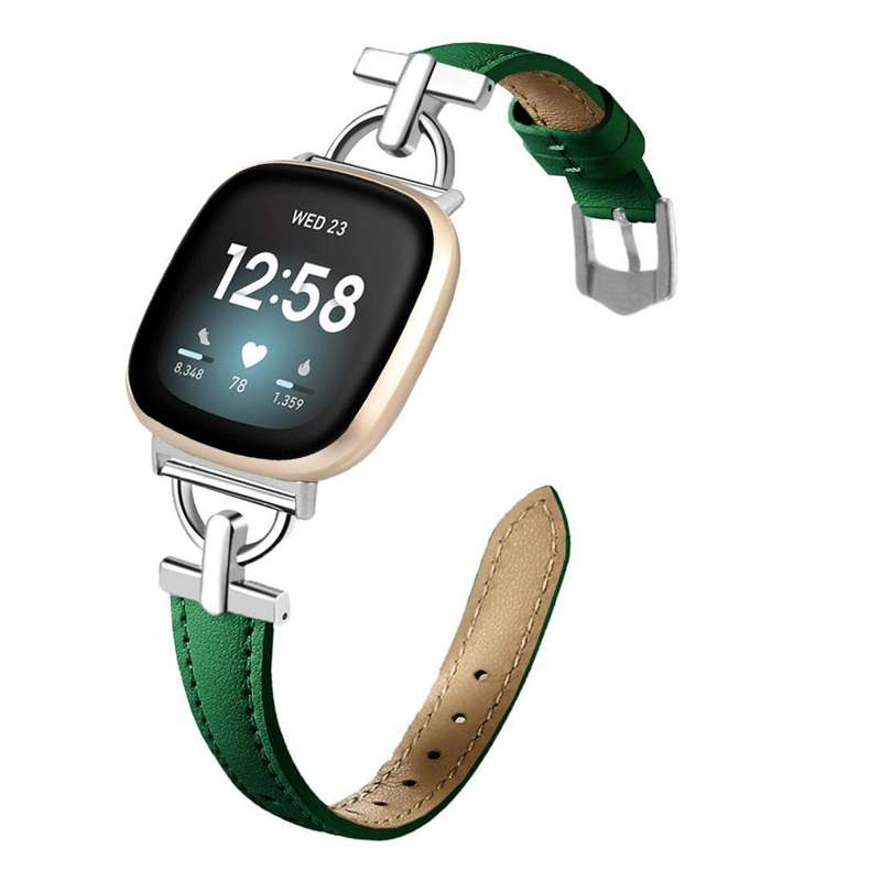 For Fitbit Versa 3 / 4 / Sense 2 D Metal Genuine Leather Watch Band(Green)