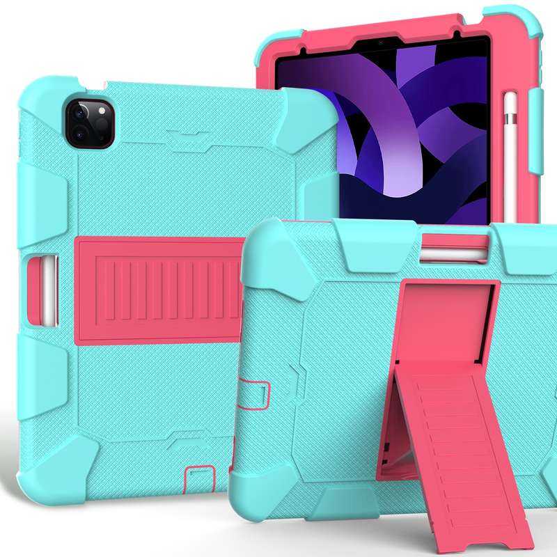 For iPad Air 2022 / 2020 10.9 Shockproof Two-Color Silicone Protective Case with Holder(Rose Gold +