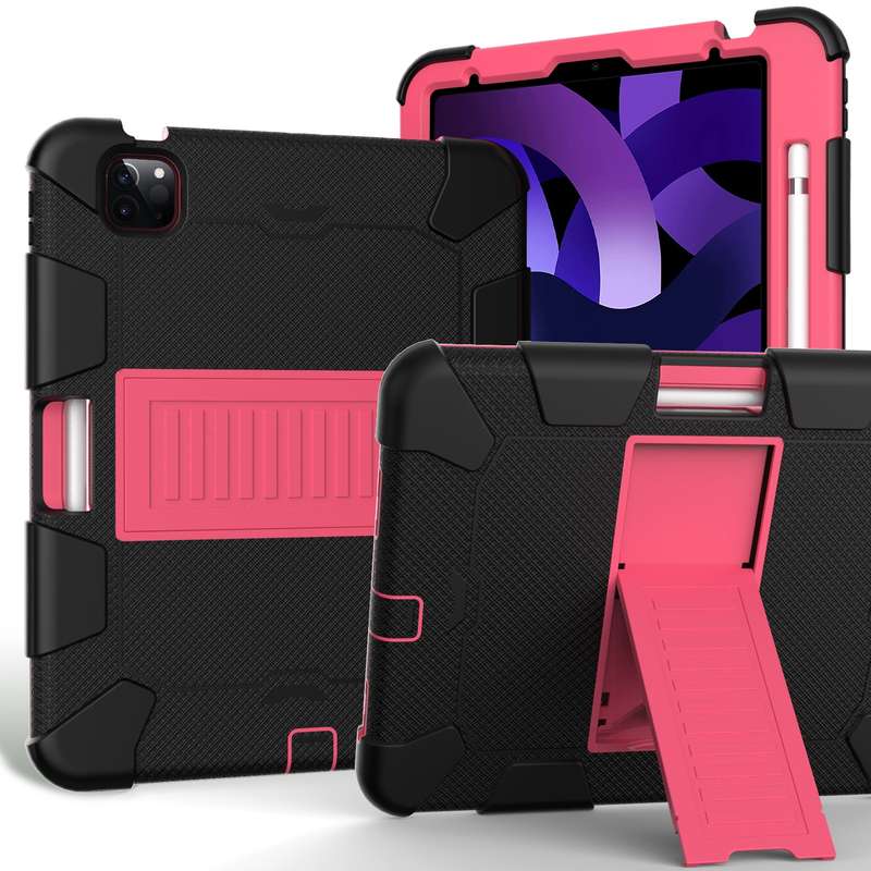 For iPad Air 2022 / 2020 10.9 Shockproof Two-Color Silicone Protective Case with Holder(Rose Gold +