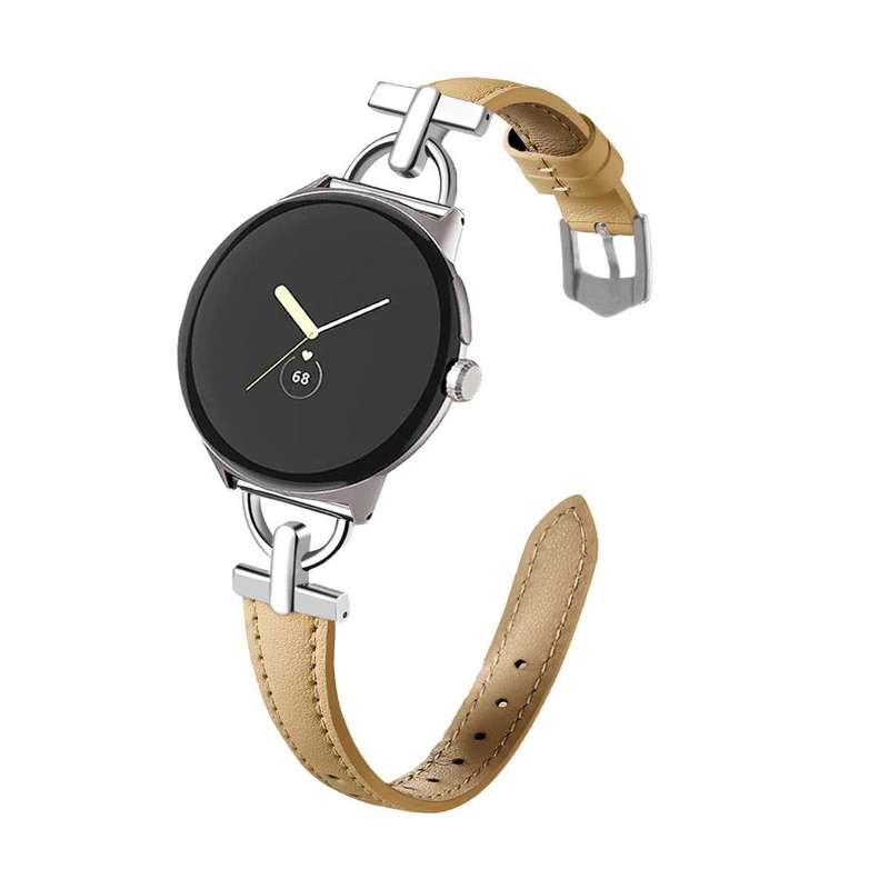 For Google Pixel Watch 3 45mm D-shaped Metal Slim Waist Leather Watch Band(Light Pink)