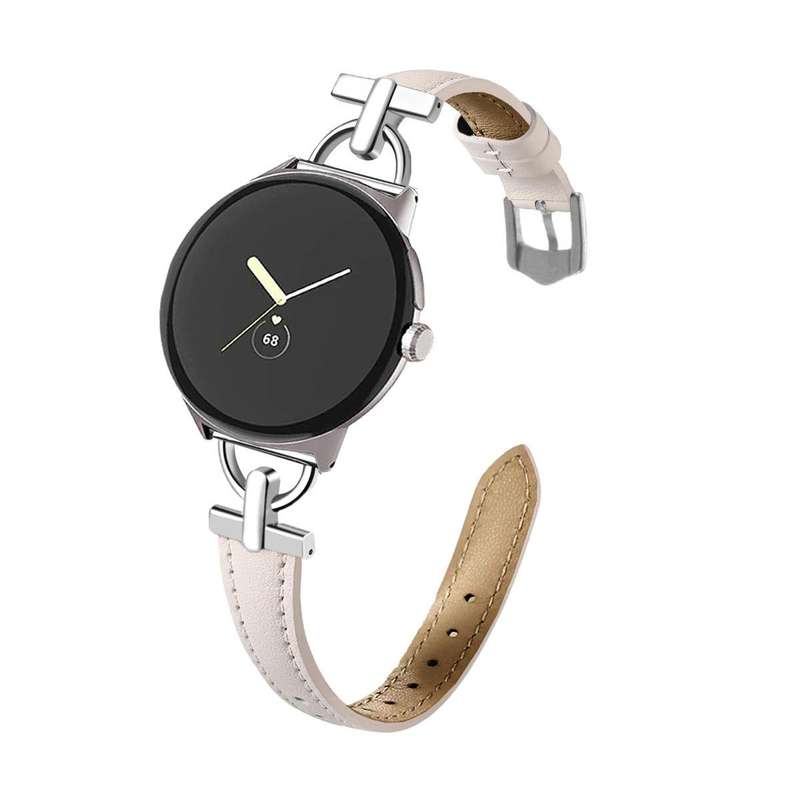 For Google Pixel Watch 1 / 2 / 3 41mm D-shaped Metal Slim Waist Leather Watch Band(Light Pink)