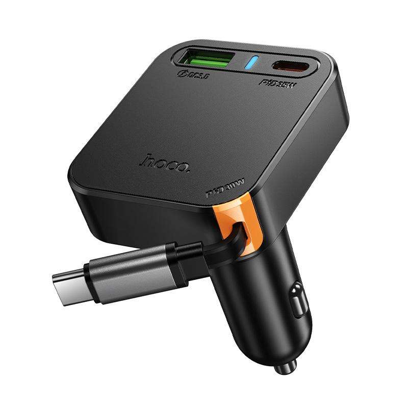 hoco NZ18 Guardian PD65W USB and Type-C Dual Port Car Charger with Type-C Retractable Cable(Black)