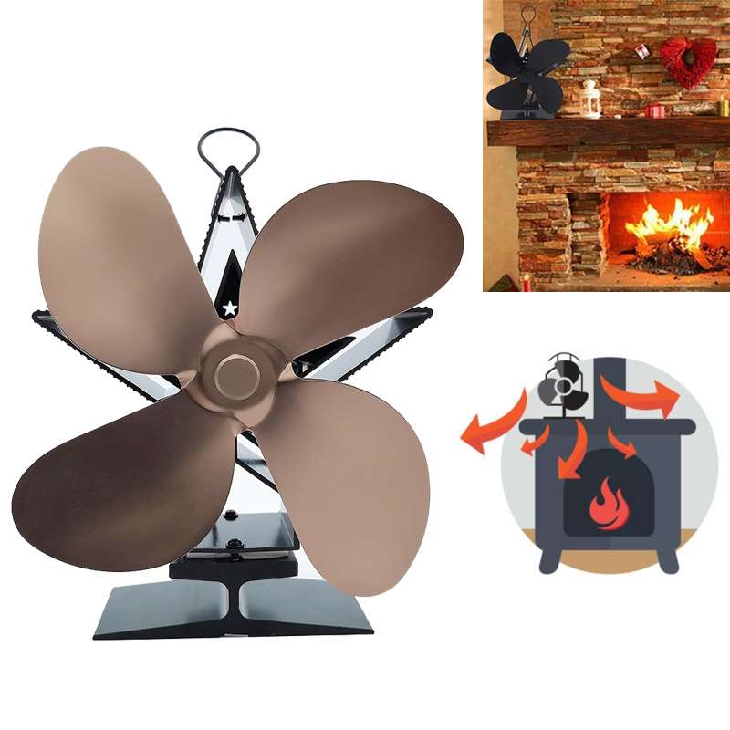 4-Blade Aluminum Heat Powered Fireplace Stove Fan (Black)