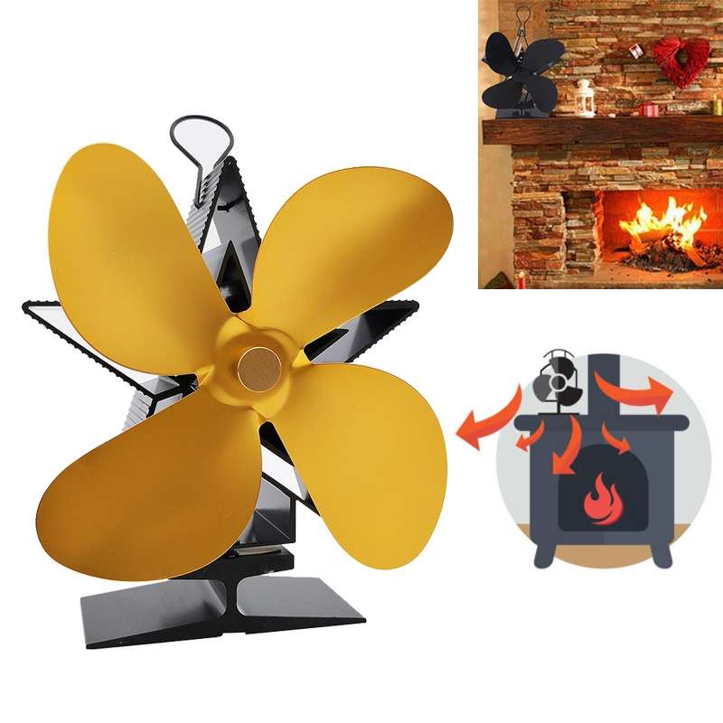 4-Blade Aluminum Heat Powered Fireplace Stove Fan (Black)