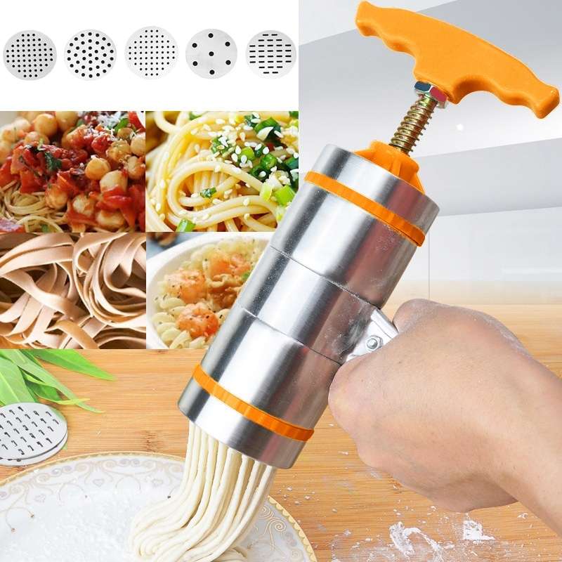 5 Molds Household Manually Small Stainless Steel Pressing Style Handhold Noodle Machine (Orange)