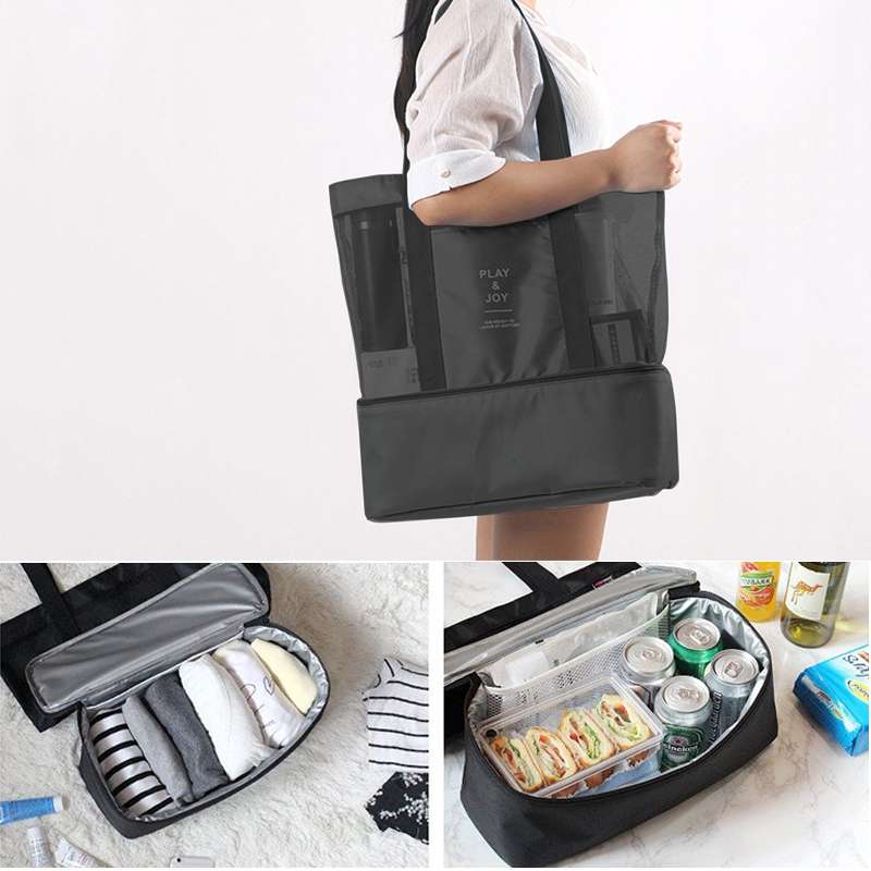 Portable Double Layer Mesh Sport Duffel Beach Picnic Shoulder Storage Bag Handbag(Blue)
