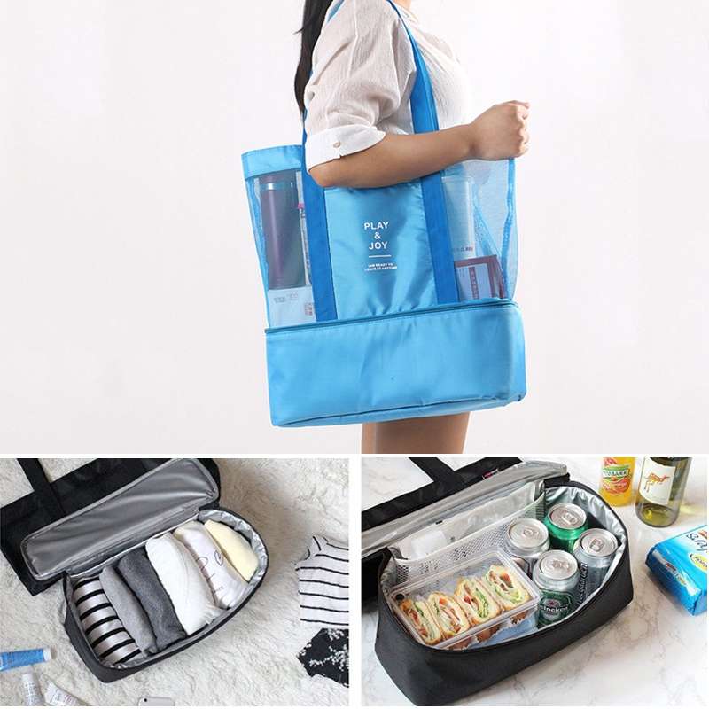 Portable Double Layer Mesh Sport Duffel Beach Picnic Shoulder Storage Bag Handbag(Blue)