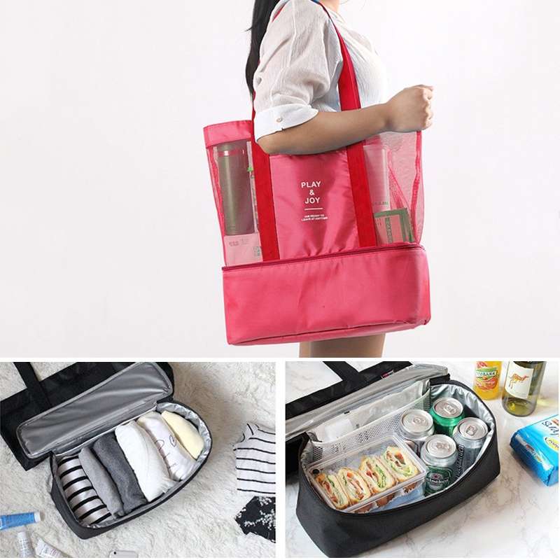 Portable Double Layer Mesh Sport Duffel Beach Picnic Shoulder Storage Bag Handbag(Blue)