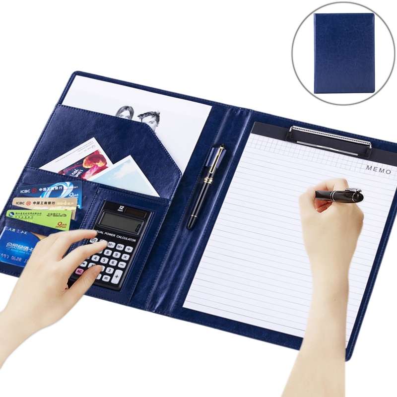 Office Supplies Business Style Leather Document Folder with 30-pages A4 Note Pad & Calculator (Black