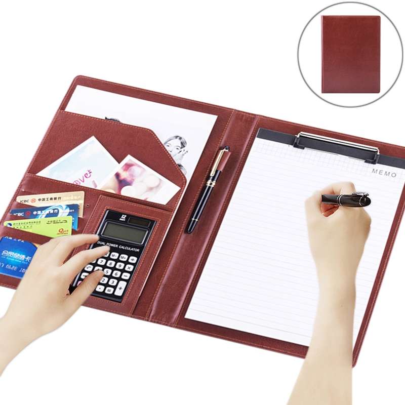 Office Supplies Business Style Leather Document Folder with 30-pages A4 Note Pad & Calculator (Black