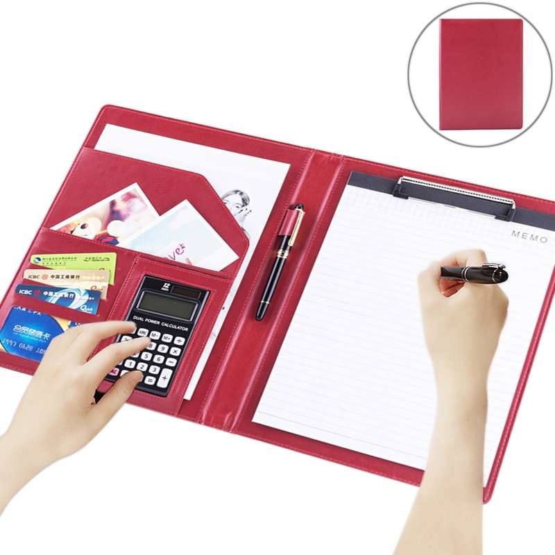 Office Supplies Business Style Leather Document Folder with 30-pages A4 Note Pad & Calculator (Black