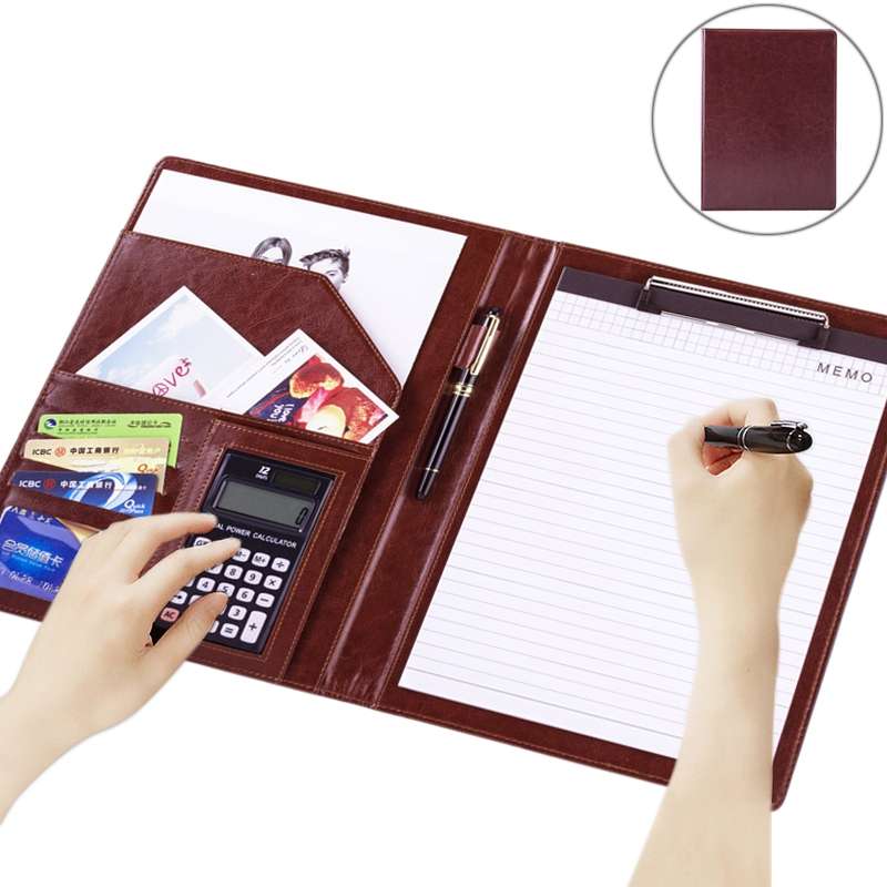 Office Supplies Business Style Leather Document Folder with 30-pages A4 Note Pad & Calculator (Black