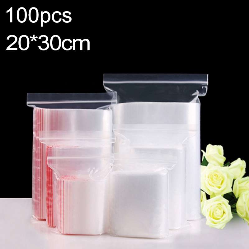 100pcs/pack PE Self Sealing Clear Zip Lock Packaging Bag, 20cm x 30cm, Custom Printing and Size are