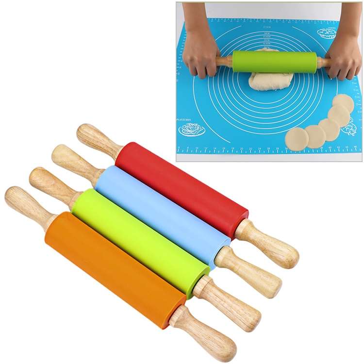 kn055 Solid Wooden Handle Silicone Rolling Pin Non-stick Food Dumpling Stick, Length: 43cm, Random C