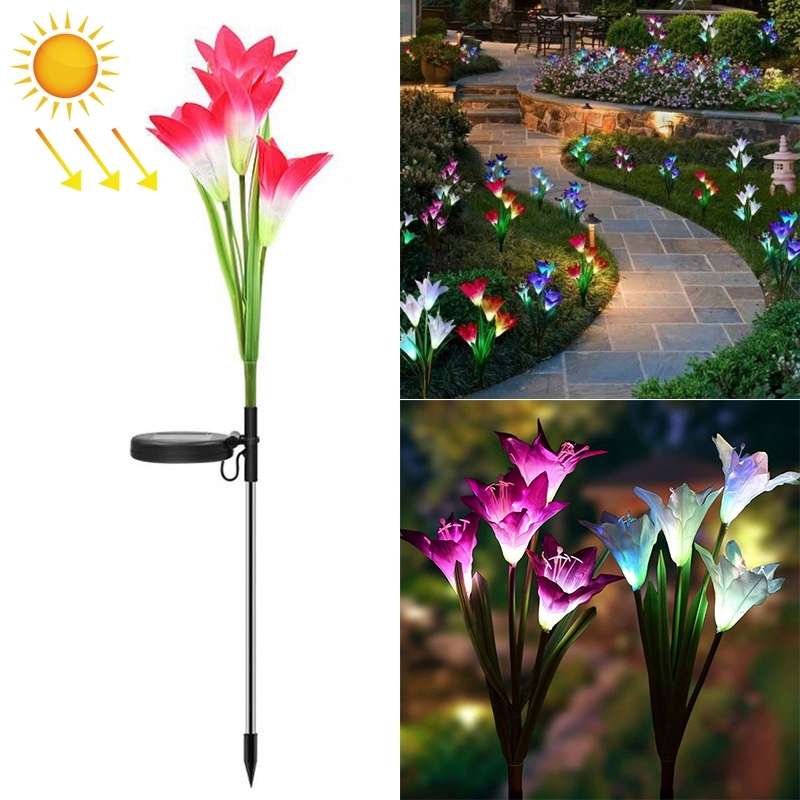 Simulated Lily Flower 4 Heads Solar Powered Outdoor IP55 Waterproof LED Decorative Lawn Lamp, White
