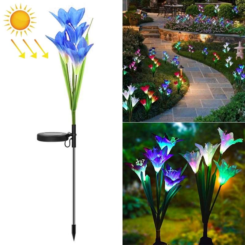 Simulated Lily Flower 4 Heads Solar Powered Outdoor IP55 Waterproof LED Decorative Lawn Lamp, White