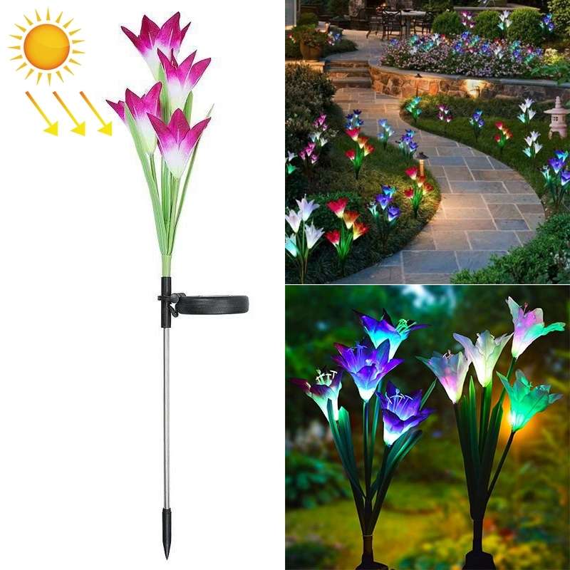 Simulated Lily Flower 4 Heads Solar Powered Outdoor IP55 Waterproof LED Decorative Lawn Lamp, White