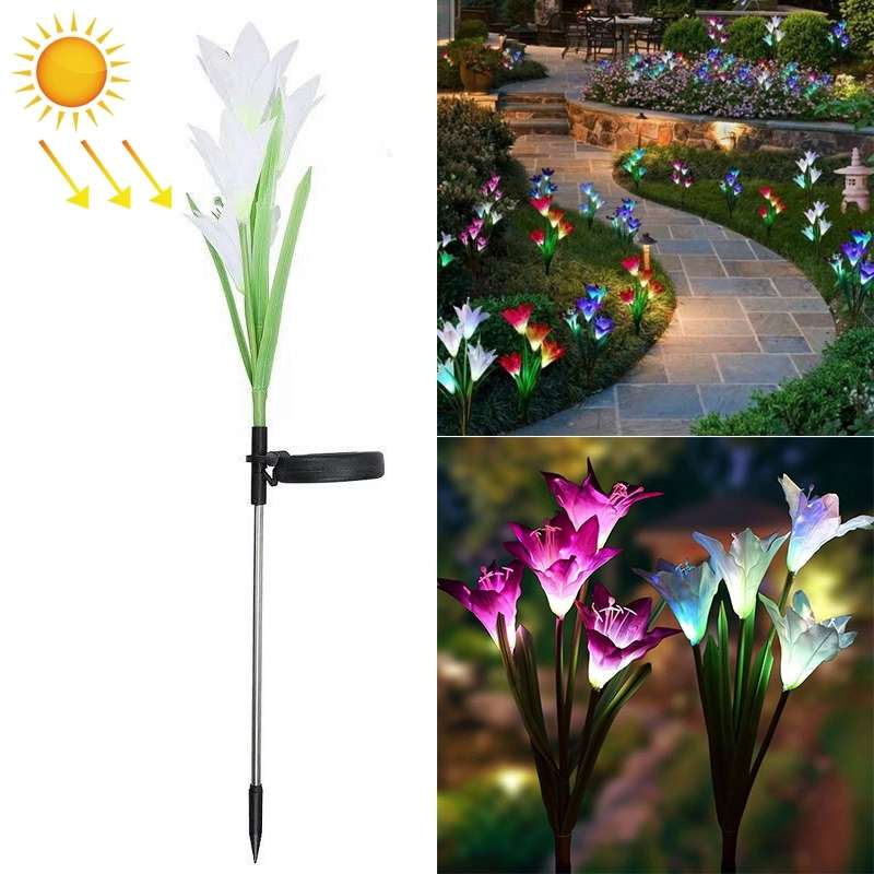 Simulated Lily Flower 4 Heads Solar Powered Outdoor IP55 Waterproof LED Decorative Lawn Lamp, White