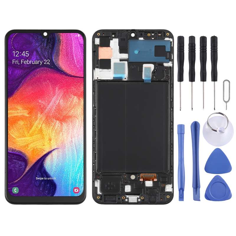 Original Super AMOLED LCD Screen for Galaxy A50 Digitizer Full Assembly with Frame(Black)