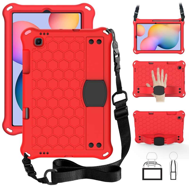 For Samsung Galaxy Tab S6 Lite P610 Honeycomb EVA + PC Shockproof Case with Strap(RoseRed+Blue)
