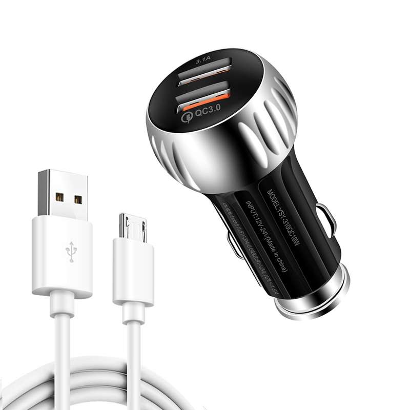 YSY-310QC18W QC3.0 Dual Port USB Car Charger + 3A USB to Micro USB Data Cable, Cable Length: 1m(Blac