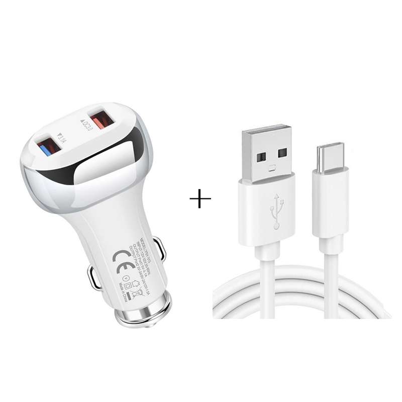 YSY-312 2 in 1 18W Portable QC3.0 Dual USB Car Charger + 1m 3A USB to USB-C / Type-C Data Cable Set(