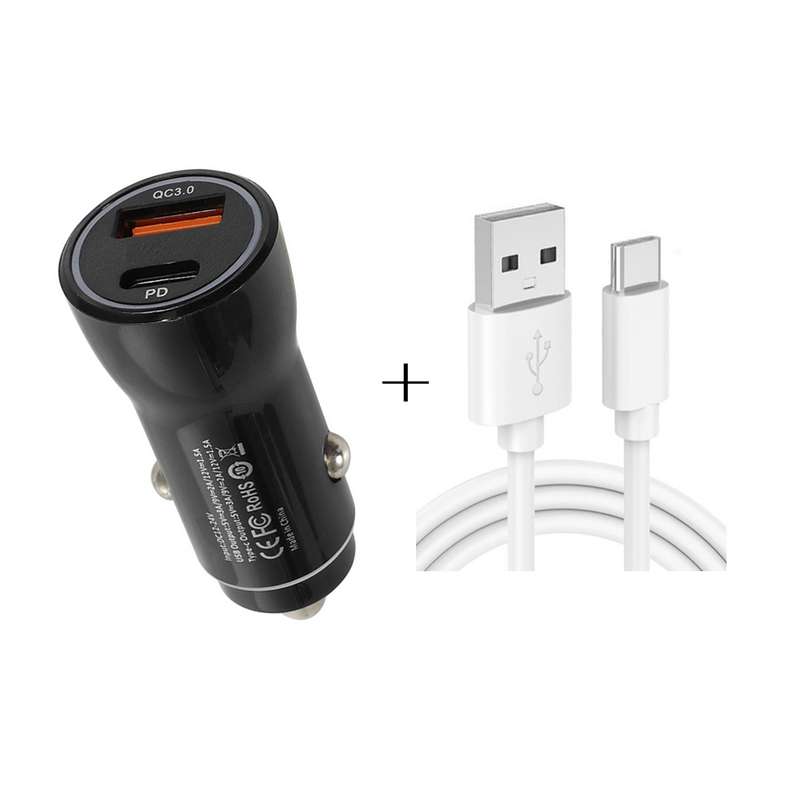 P21 Portable PD 20W + QC3.0 18W Dual Ports Fast Car Charger with USB to Type-C Cable Kit(Black)