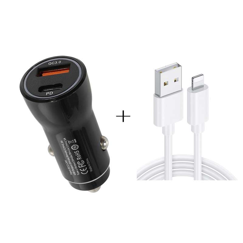 P21 PD 20W USB-C / Type-C + QC3.0 18W USB Fast Car Charger with USB to 8 Pin Data Cable Set(Black)