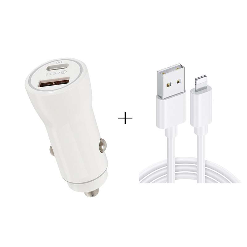 P21 PD 20W USB-C / Type-C + QC3.0 18W USB Fast Car Charger with USB to 8 Pin Data Cable Set(White)