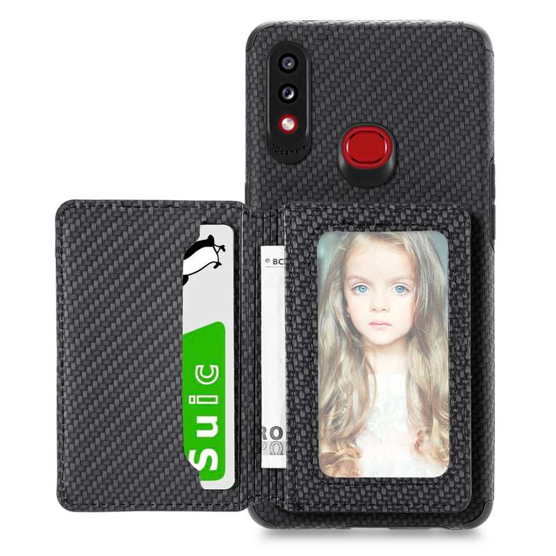 For Samsung Galaxy A10S Carbon Fiber Magnetic Card Bag TPU+PU Shockproof Back Cover Case with Holder