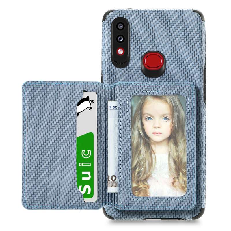 For Samsung Galaxy A10S Carbon Fiber Magnetic Card Bag TPU+PU Shockproof Back Cover Case with Holder