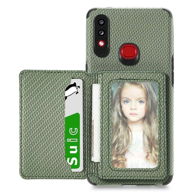 For Samsung Galaxy A10S Carbon Fiber Magnetic Card Bag TPU+PU Shockproof Back Cover Case with Holder