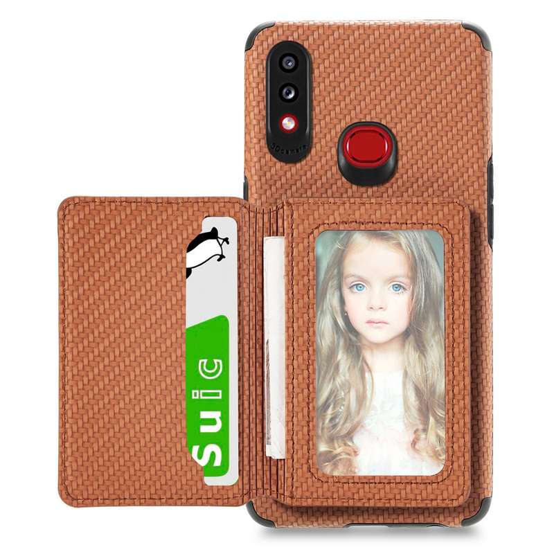 For Samsung Galaxy A10S Carbon Fiber Magnetic Card Bag TPU+PU Shockproof Back Cover Case with Holder