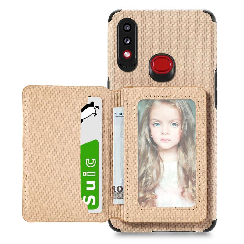 For Samsung Galaxy A10S Carbon Fiber Magnetic Card Bag TPU+PU Shockproof Back Cover Case with Holder