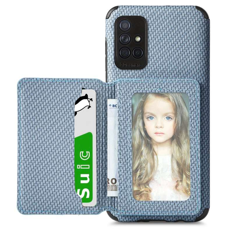 For Samsung Galaxy A71 5G Carbon Fiber Magnetic Card Bag TPU+PU Shockproof Back Cover Case with Hold