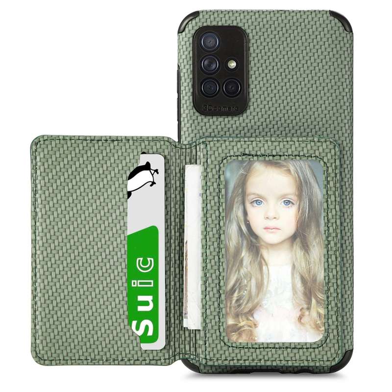 For Samsung Galaxy A71 5G Carbon Fiber Magnetic Card Bag TPU+PU Shockproof Back Cover Case with Hold