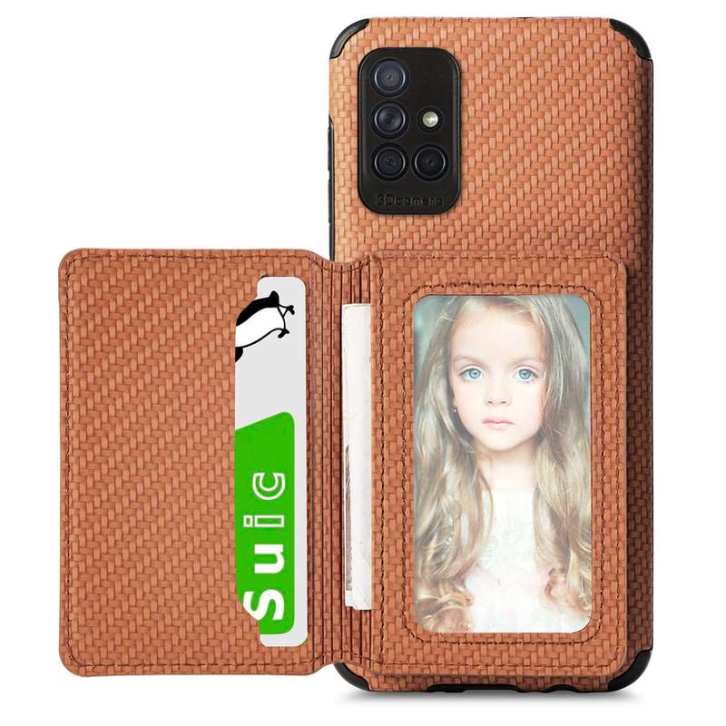 For Samsung Galaxy A71 5G Carbon Fiber Magnetic Card Bag TPU+PU Shockproof Back Cover Case with Hold