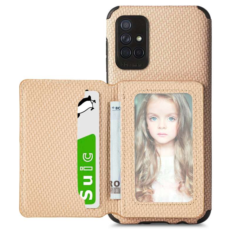 For Samsung Galaxy A71 5G Carbon Fiber Magnetic Card Bag TPU+PU Shockproof Back Cover Case with Hold
