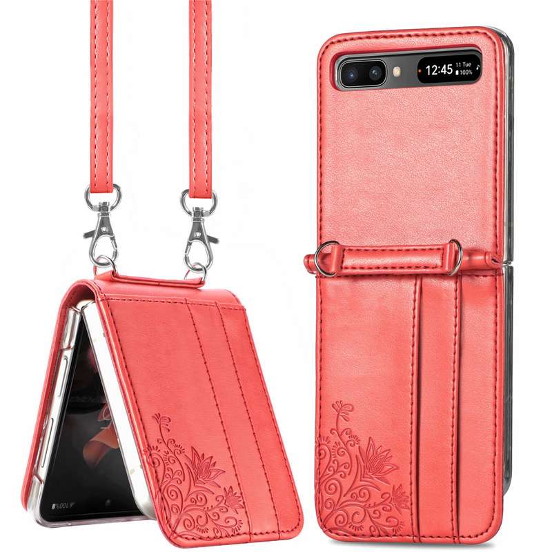 For Samsung Galaxy Z Flip 5G Diagonal Lanyard Embossed Card Phone Case(Pink)