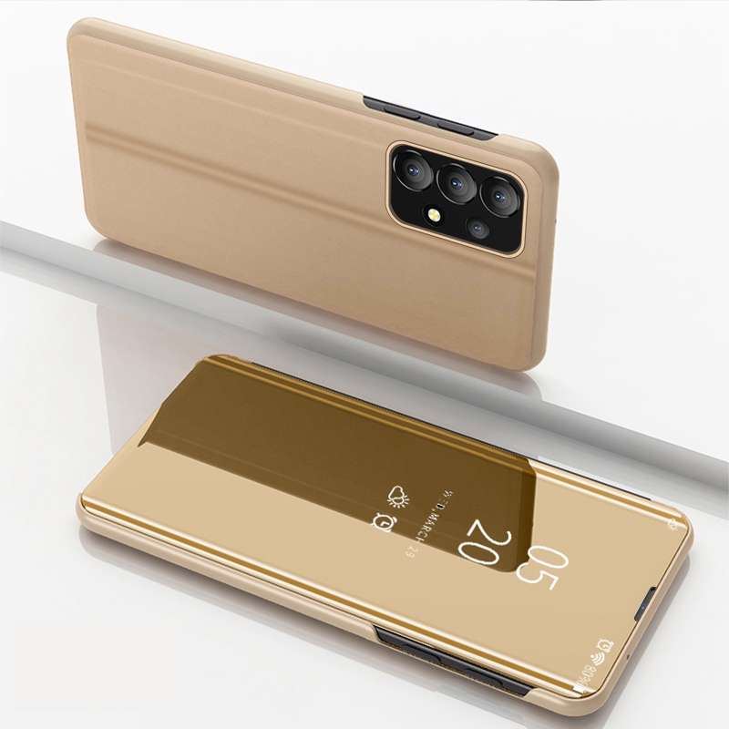 For Samsung Galaxy A73 5G Plated Mirror Flip Leather Case with Holder(Black)