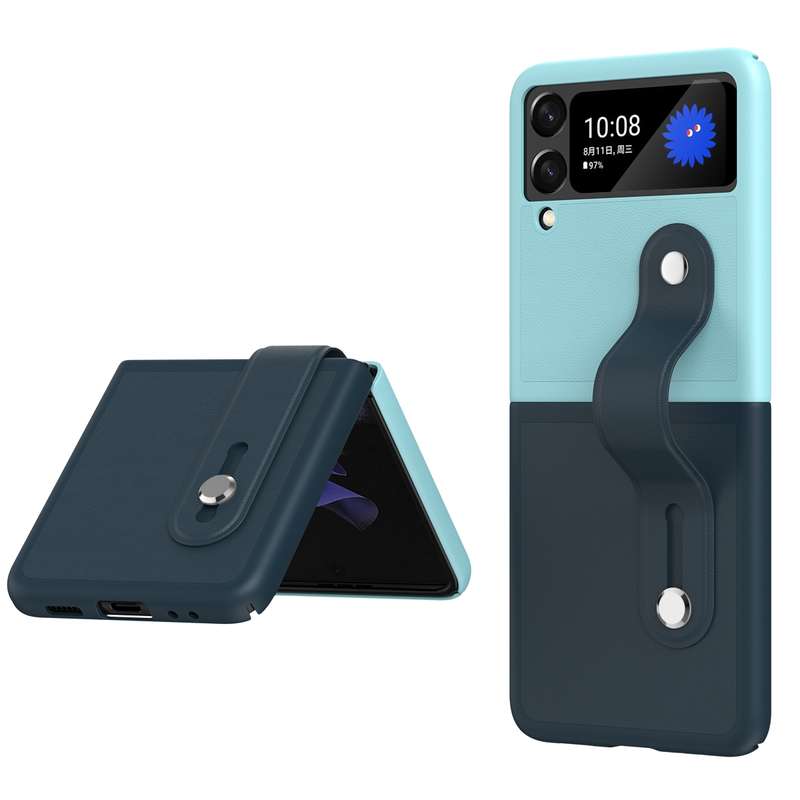 For Samsung Galaxy Z Flip3 5G Skin Contrast Wristband Folding Phone Case(Dark Blue and Black)