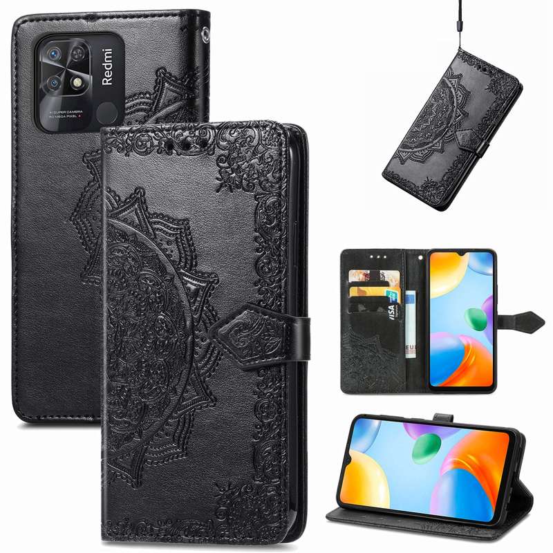 For Xiaomi Redmi 10C Mandala Flower Embossed Flip Leather Phone Case(Black)