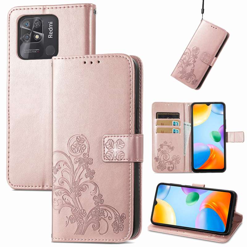 For Xiaomi Redmi 10C Four-leaf Clasp Embossed Buckle Leather Phone Case(Purple)