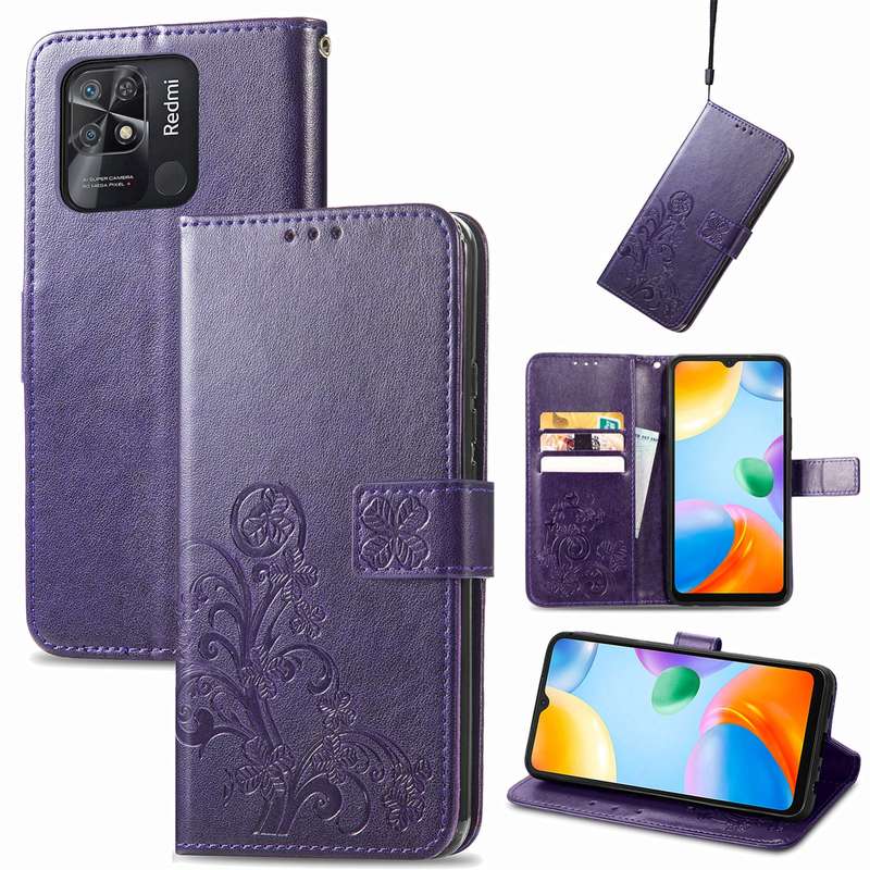 For Xiaomi Redmi 10C Four-leaf Clasp Embossed Buckle Leather Phone Case(Purple)