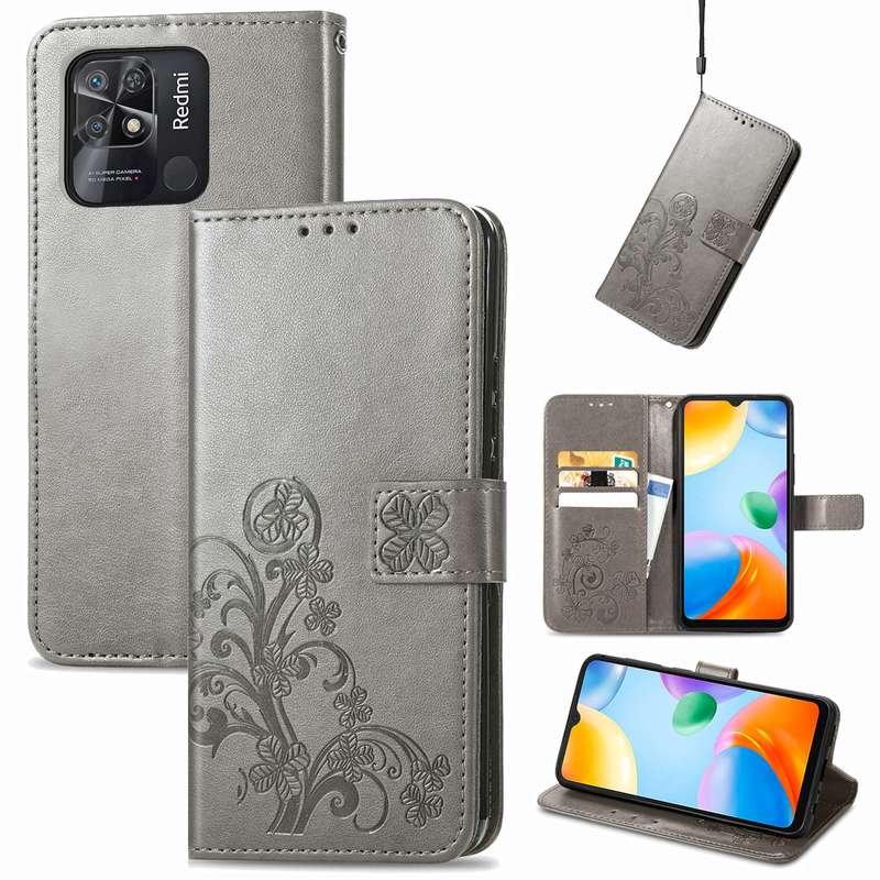 For Xiaomi Redmi 10C Four-leaf Clasp Embossed Buckle Leather Phone Case(Purple)