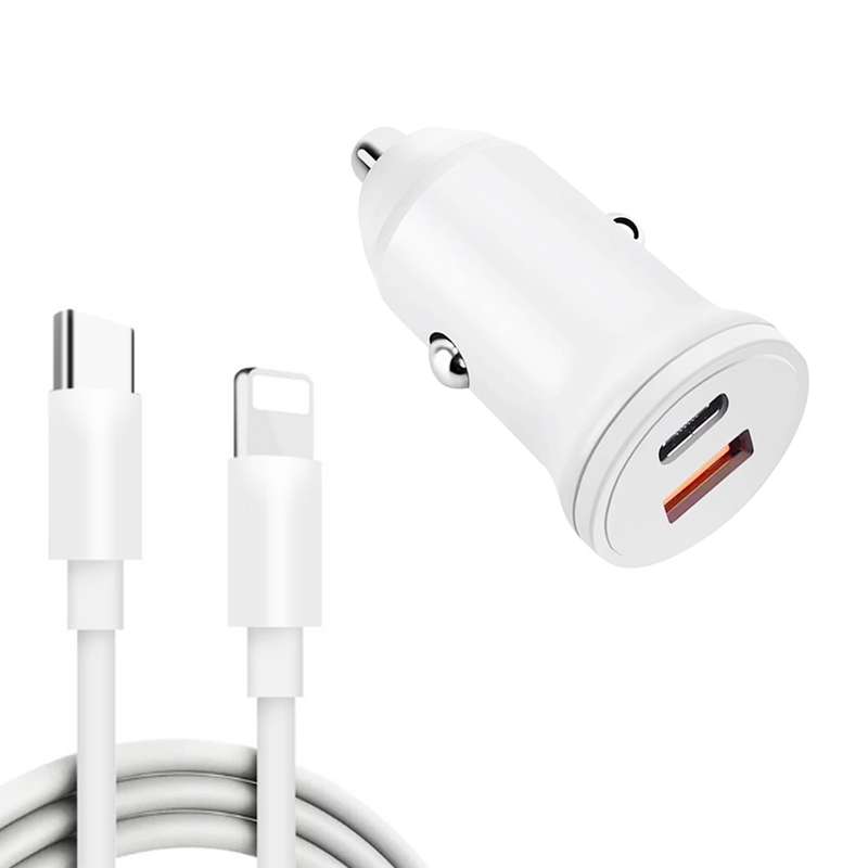 WKN-707 PD 20W USB-C / Type-C + QC 3.0 25W USB Mini Car Charger with USB-C / Type-C to 8 Pin Data Ca