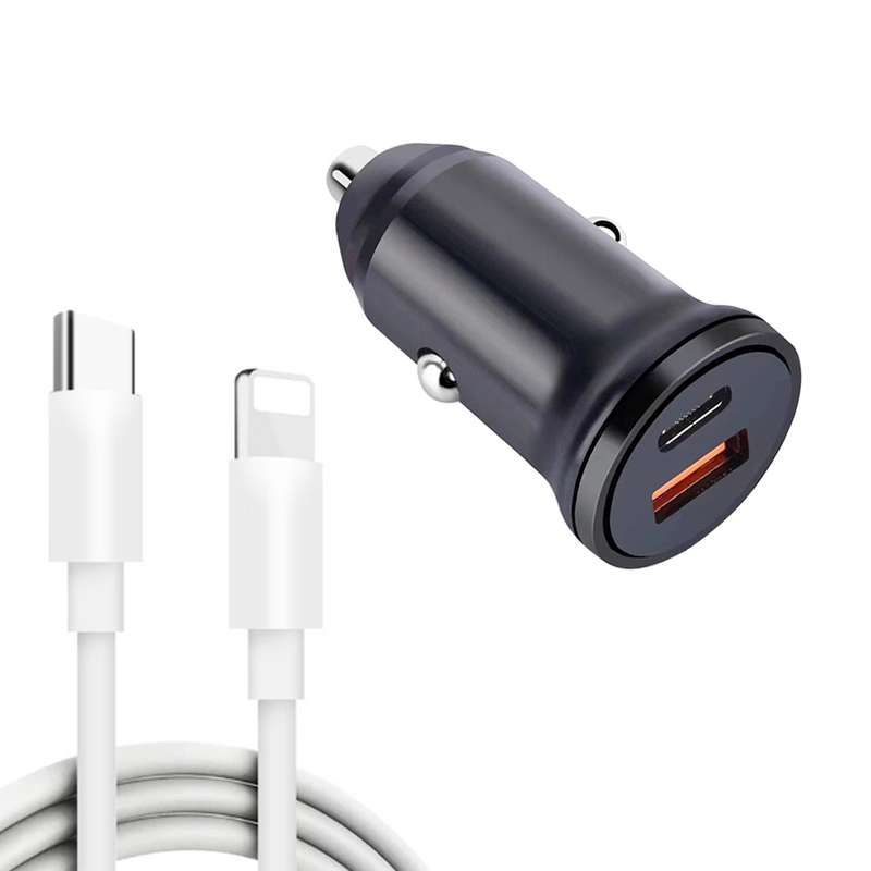 WKN-707 PD 20W USB-C / Type-C + QC 3.0 25W USB Mini Car Charger with USB-C / Type-C to 8 Pin Data Ca